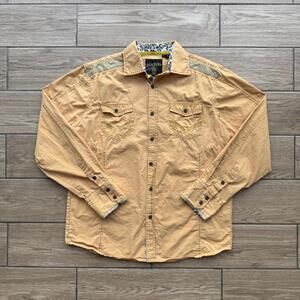 Y2K Platini Flames Affliction Style Yellow Button Up Shirt